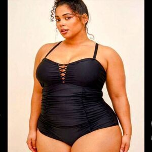 TORRID Plus Size Black Slim Fix Wireless Lattice Front One Piece Swimsuit 4X